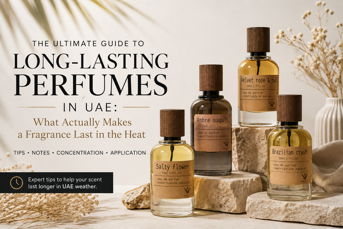 Long-lasting perfume bottles by Gland Lures arranged on a luxury surface in UAE