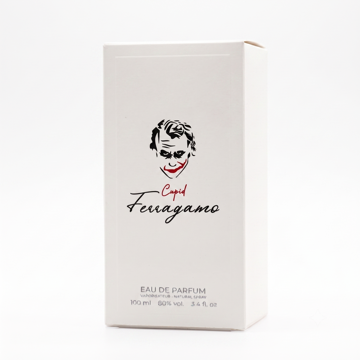 A white rectangular box of Cupid Ferragamo Eau de Parfum, featuring a stylized black and red Joker face logo on the front, set against a plain white background.