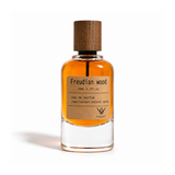 A 50ml glass bottle of Freudian Wood Eau de Parfum with amber-colored liquid, a brown wood-grain cap, and a brown kraft paper label, shown on a white background.
