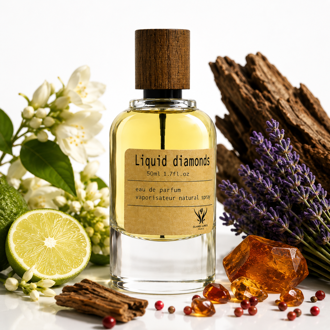 A clear glass perfume bottle labeled 'Liquid diamonds' with a dark wood cap, surrounded by fragrance ingredients including white flowers, a lime half, purple lavender, cinnamon sticks, amber crystals, and brown bark on a white background.