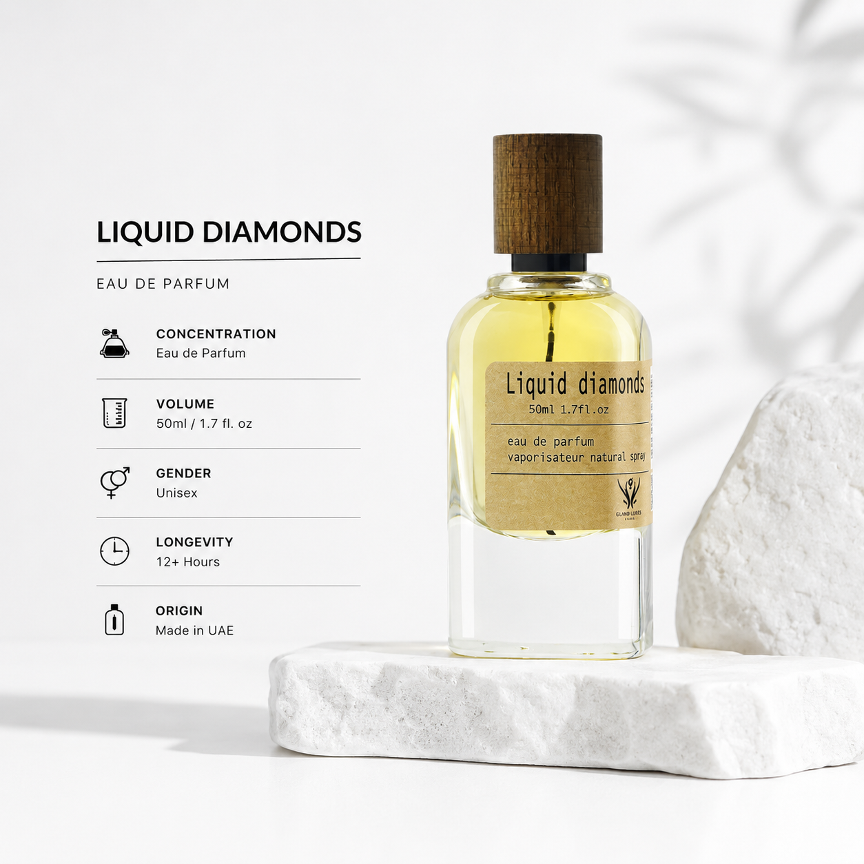 A clear glass perfume bottle labeled 'Liquid diamonds' with pale yellow liquid and a dark wood cap, displayed on a white stone pedestal beside a white informational card listing product details. No person or real environment is present, so this is Product/Packaging rather than Lifestyle.