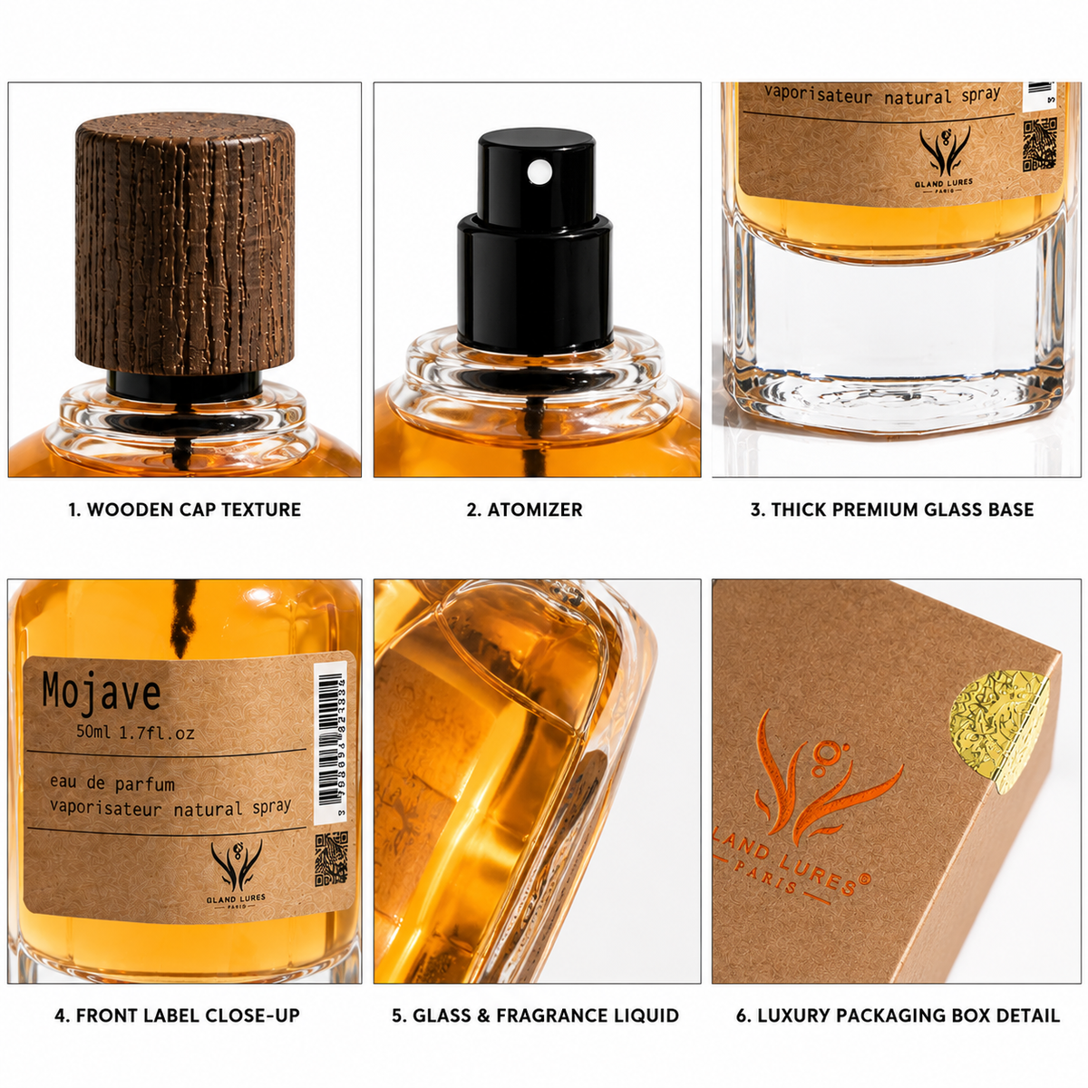 Six-panel product detail collage for a fragrance bottle, showing the wooden cap texture, atomizer pump, thick glass base, front label close-up, glass and fragrance liquid, and the luxury packaging box with a gold seal. Text labels identify features and the scent as Mojave.