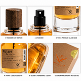 Six-panel product detail collage for a fragrance bottle, showing the wooden cap texture, atomizer pump, thick glass base, front label close-up, glass and fragrance liquid, and the luxury packaging box with a gold seal. Text labels identify features and the scent as Mojave.