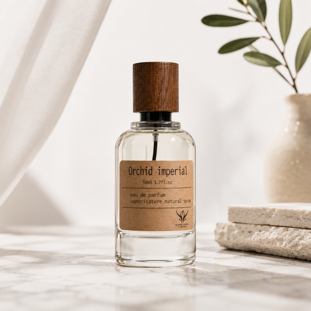 Orchid Imperial perfume by Gland Lures in a minimalist lifestyle setting