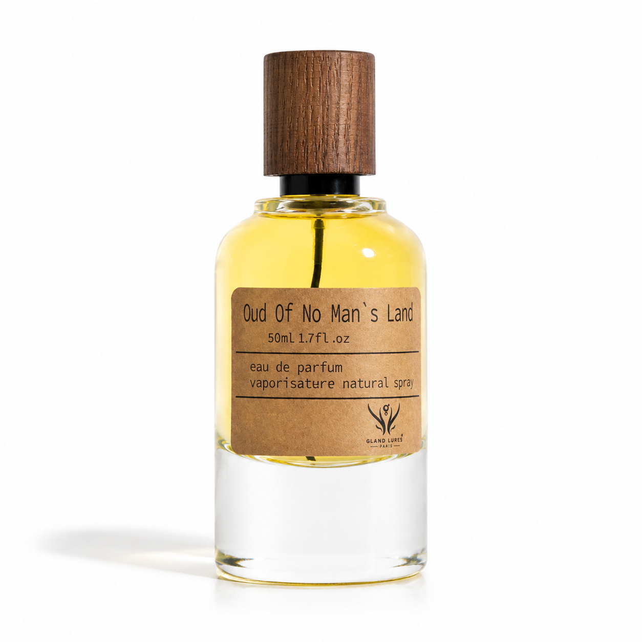 A 50ml glass bottle of 'Oud Of No Man's Land' natural perfume spray by Scenic Woods. The bottle is filled with a golden-yellow liquid and features a clear glass base, a brown wood-grain cap, and a brown kraft paper label.