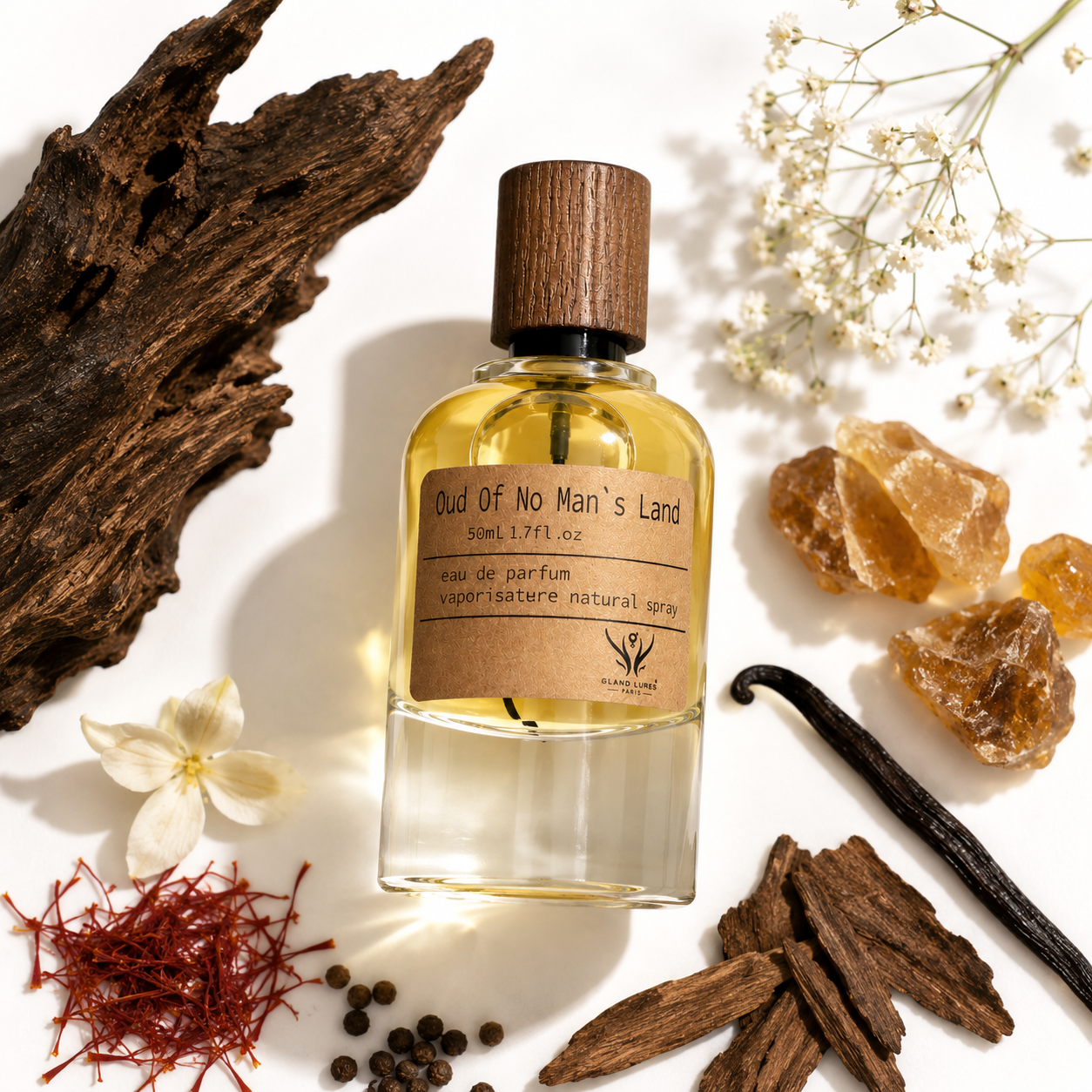 A perfume bottle labeled 'Oud Of No Man's Land' is styled in a flat-lay arrangement with natural ingredients including cinnamon sticks, vanilla bean, saffron, peppercorns, amber crystals, and dried flowers on a white background.