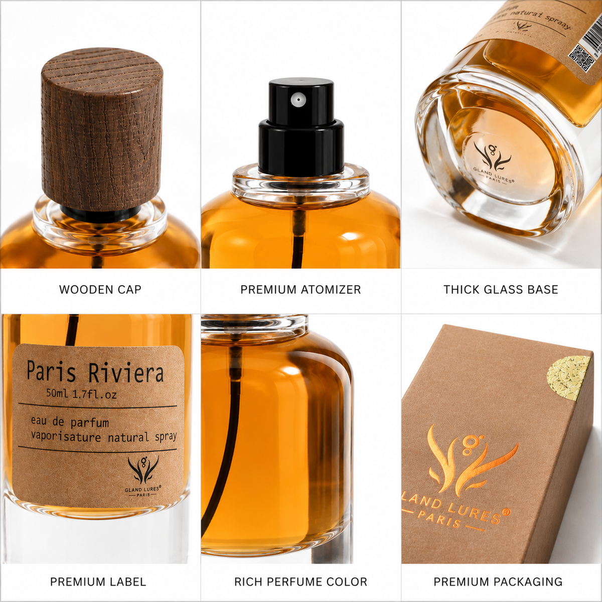 Six-panel collage showing a perfume bottle and its packaging features: a wooden cap, premium atomizer, thick glass base, Paris Riviera label, rich amber-colored perfume liquid, and a brown box with gold Paris Lurkin branding.