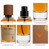 A six-panel product detail collage for a perfume bottle labeled 'Rose smoke' by Gland Lures Paris, showing the wooden cap texture, atomizer, thick glass base, front label close-up, glass and fragrance liquid, and packaging box detail on a white background.