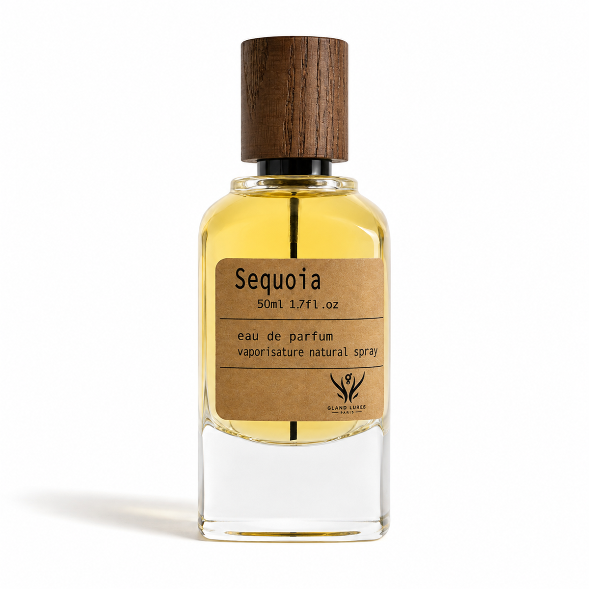 A bottle of Sequoia Eau de Parfum by Calphrey, featuring a clear glass bottle filled with golden-yellow liquid, a brown wood-grain cap, and a brown kraft paper label.