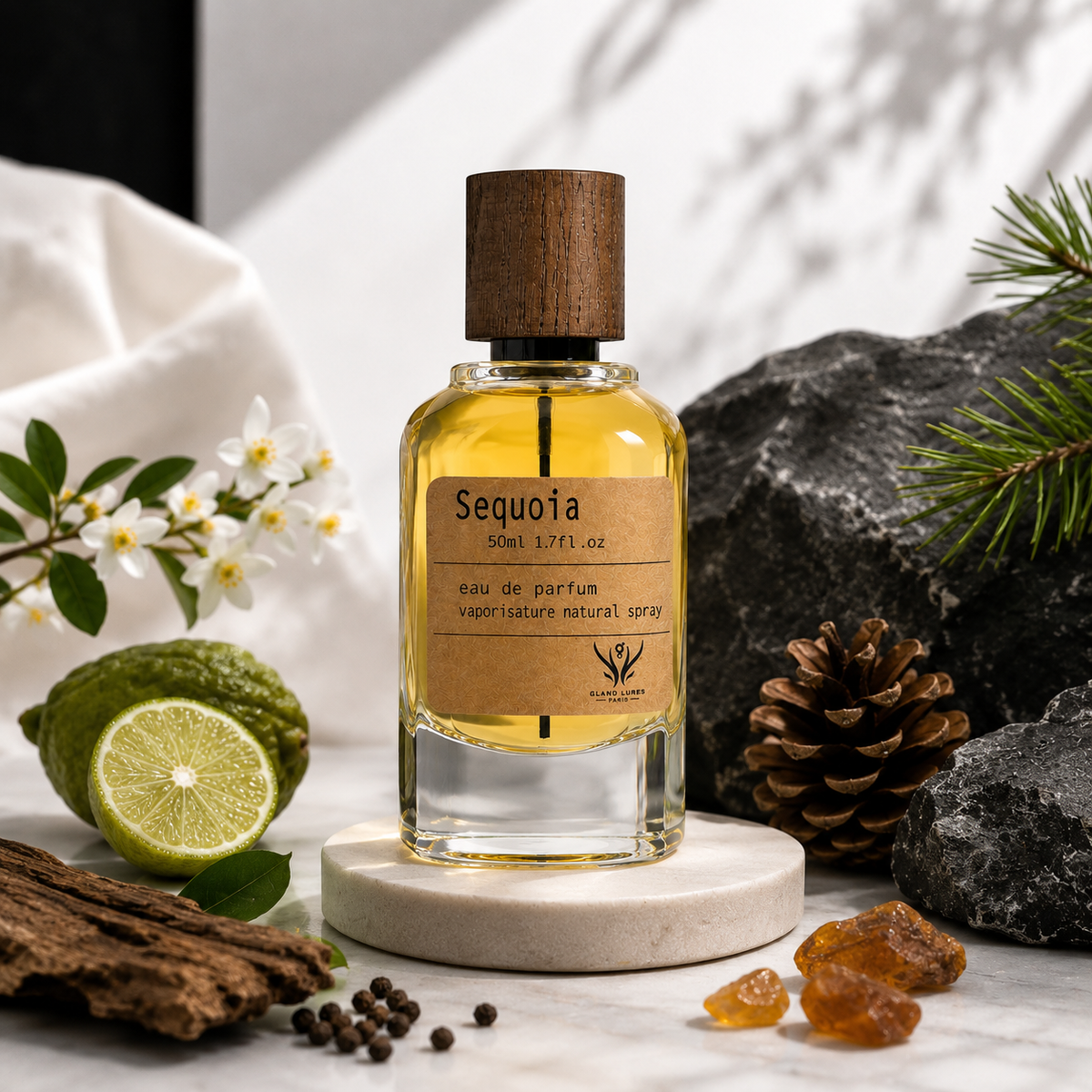 A bottle of Sequoia Eau de Parfum with a wooden cap and amber liquid, displayed on a marble pedestal with natural ingredients including a lime, pinecone, bark, and dried berries.