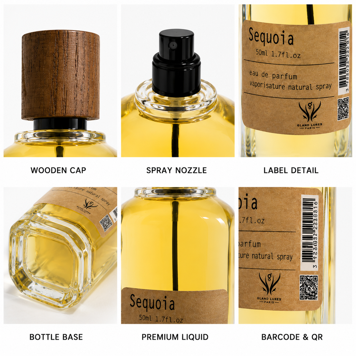 Six-panel product detail collage for a perfume bottle labeled 'Sequoia' by GLAND LURES. Panels show the wooden cap, spray nozzle, label detail, bottle base, premium liquid, and barcode QR code on a white background.