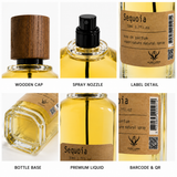 Six-panel product detail collage for a perfume bottle labeled 'Sequoia' by GLAND LURES. Panels show the wooden cap, spray nozzle, label detail, bottle base, premium liquid, and barcode QR code on a white background.