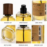 Six-panel product detail collage for a perfume bottle labeled Solo Loewe, showing the wooden cap, spray nozzle, label detail, bottle base, premium liquid, and barcode/QR code.