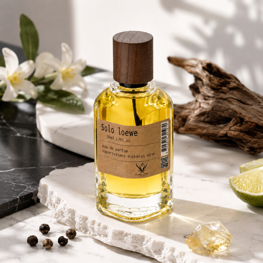 A bottle of Solo Loewe Eau de Parfum with a wooden cap and a kraft paper label, styled on a white stone slab with white flowers, lime slices, peppercorns, and driftwood.