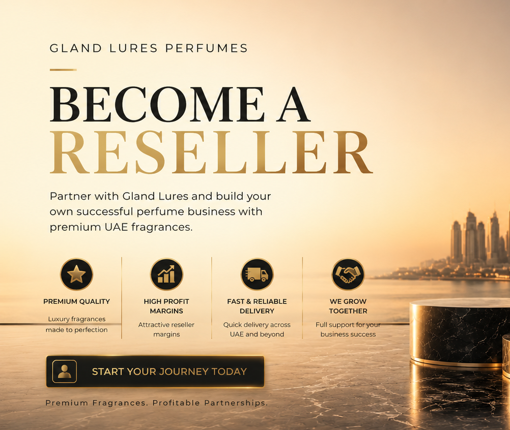 Promotional banner for Gland Lures Perfumes with a cityscape and steps in the foreground.