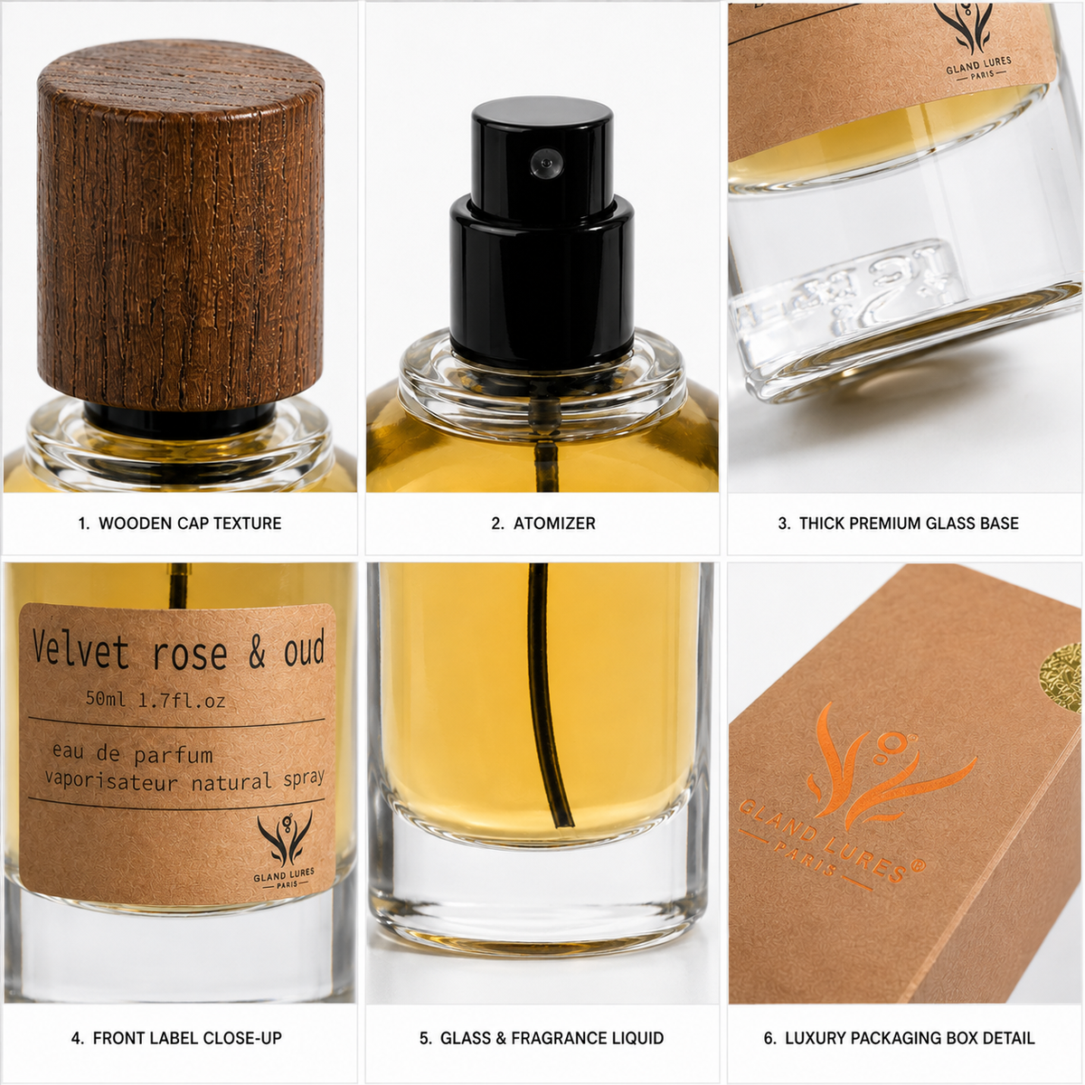 A six-panel product detail collage for a perfume bottle. The panels show close-ups of the wooden cap texture, black atomizer, thick glass base, front label reading 'Velvet rose & oud', the yellow-amber fragrance liquid, and the brown luxury packaging box with orange branding.
